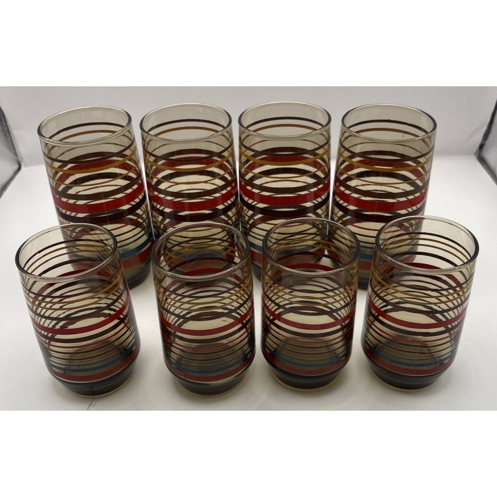 Mid Century Modern Smoke Striped‎ Drinking Glasses Set of 8 Vintage